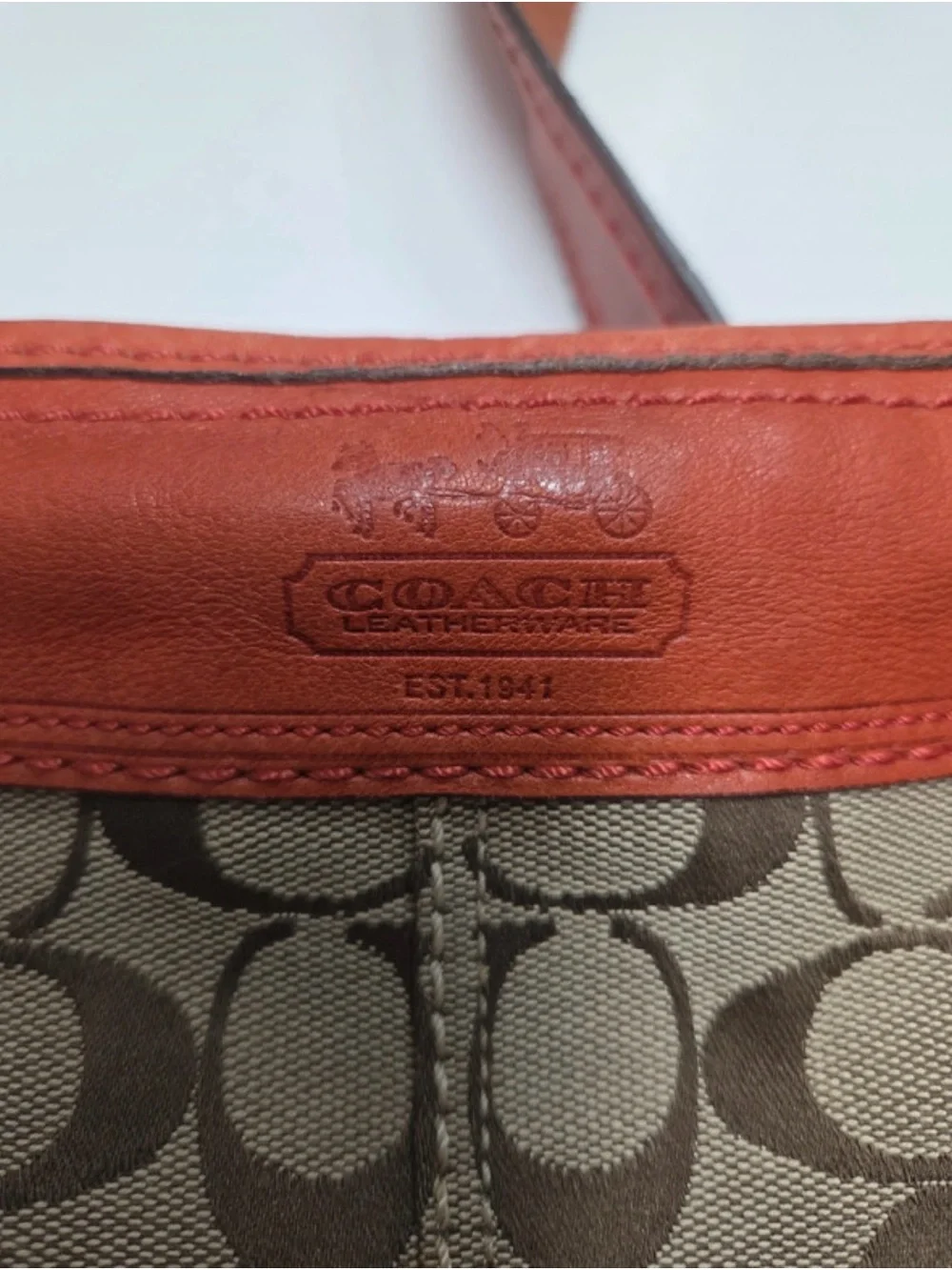 Coach Brown Signature Canvas Bucket Bag with Rust Leather Trim